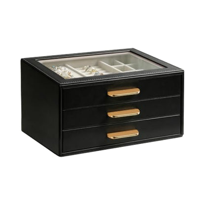 Homeanda Jewelry Boxes Organizer with Glass Lid, 3-Layer PU Leather, Black - color: Black, size: 3 Layer