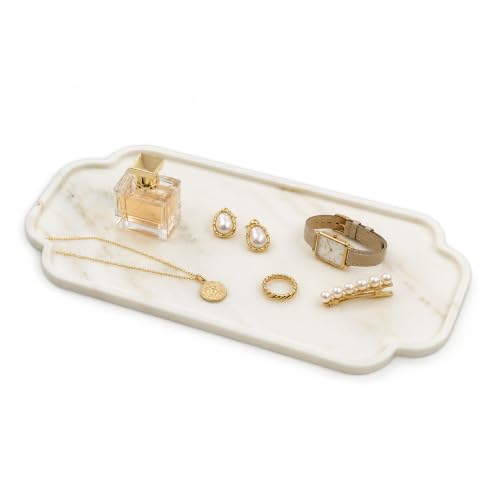 Marmor Marble Perfume Tray Bathroom Tray for Decorative,Candles,Jewelry Stone Vanity Tray,Kitchen Counter Decor and Home Decorative Tray Jewelry Tray Unique Festival Gifts (Calacatta Marble) - color: Calacatta Gold Marble Lace Long Plate（14.2*7.9*0.7）