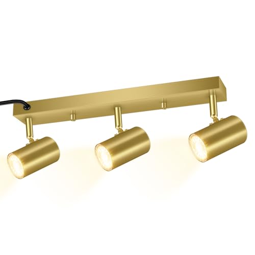 AUQUEE 3 Light Track Lighting Kit,Gold 3 Way Modern Plug in Ceiling Spotlight,Industrial LED Wall Light for Kitchen Cabinet Gallery Bar Hallway Living Room,Rocker Switch,15 Foot Cord(No Bulb) - color: 3 Light-Gold