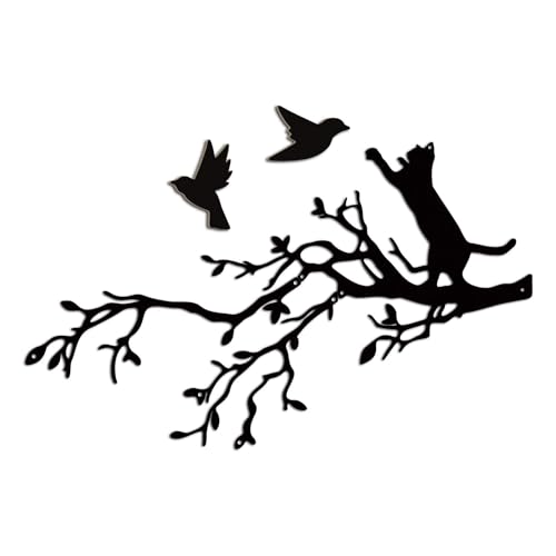 Putuo Decor Metal Wall Decor Set of 5, Black Cat on Tree Branch with Birds Silhouette Metal Wall Art, Rustic Iron Sign Indoor Outdoor Wall Sculptures for Living Room Bedroom Patio Garden - color: Cat Bird