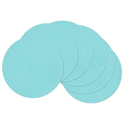 SHACOS Round Placemats Set of 6 Washable 15 inch Round Table Mats Cotton Polyester Woven Braided Place Mats for Dining Table (Aqua, 6) - color: Aqua, size: Set of 6