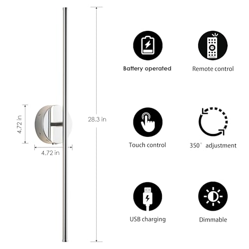 KARTOOSH Battery Operated Wall Sconces Set of Two Wireless Wall Lights - color: Chrome, size: 28.3 Inches