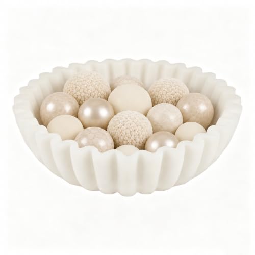 White Marble Style Decorative Bowl, Entryway Console Centerpiece - color: White - Scalloped