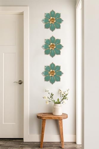 Villa Como Set of 3 Green and Gold Metal Flowers Wall Art Decor 10" - color: # 3 Green