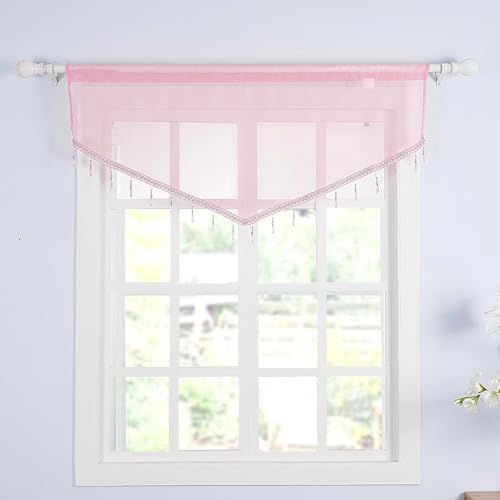 Molaxhome Swag Curtain Scalloped Curtain Valance Drape Sheer Lace Panel 1pc - color: Pink