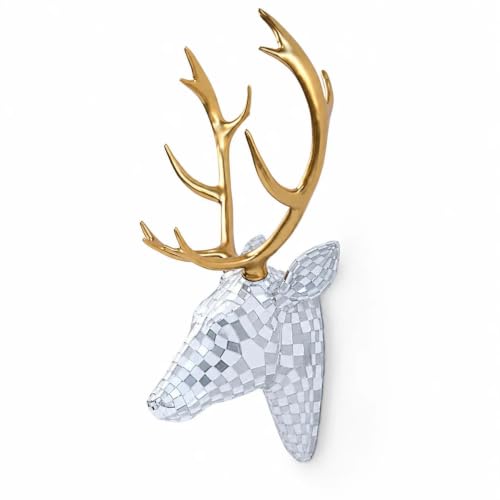 GIGICICI Mosaic Deer Head Wall Decor 15.7x8.7 Inch, Artistic Faux Resin Animal Head Wall Sculpture Hanging for Living Room Bedroom Kitchen Office, White-Silver Gift - color: Deer-White Silver