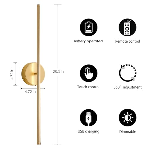 KARTOOSH Battery Operated Wall Sconces Set of Two Wireless Wall Lights - color: Gold, size: 28.3 Inches