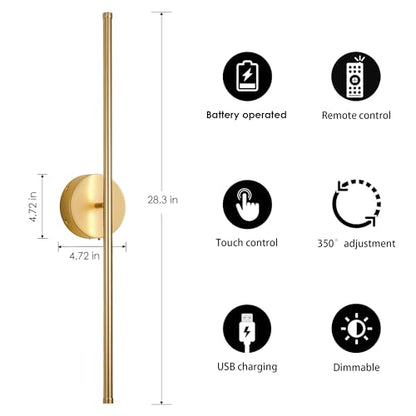 KARTOOSH Battery Operated Wall Sconces Set of Two Wireless Wall Lights - color: Gold, size: 28.3 Inches