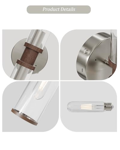 Rayogale Nickel & Walnut Wireless Battery Operated Wall Sconces with Remote - color: Nickel & Walnut(Clear Tubular Lampshade)