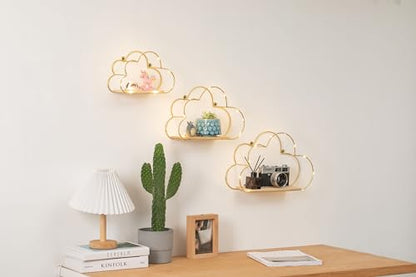 Golden Cloud Shape Floating Shelves with LED Lights Wall Decor,Gold Metal Wire and Wood Base Wall Mounted Shelf Decorations for Home Bedroom Living Room - Set of 3