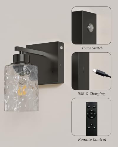 Hammered Glass Wireless Battery Operated Wall Sconces Set of Two Black | Dimmable Rechargeable Wall Lights with Remote Timer, Easy Install Lamp for Living Room Bedroom, Emergency 3000K - color: Black(Clear Hammered Lampshades)