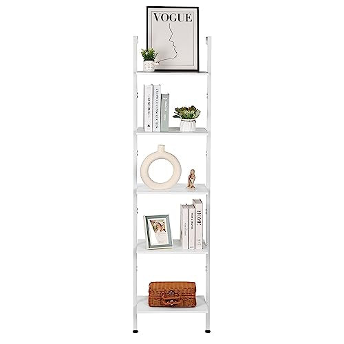 ELYKEN Ladder Shelf, 5-Tier Wood Wall Mounted Ladder Bookshelf - color: White