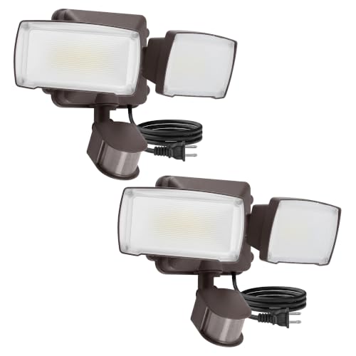 LUTEC 21W 2 Pack Plug in Motion Sensor Light Outdoor, Flood Lights Outdoor Motion Sensor,2500LM, 5000K Daylight,IP65 Waterproof,Adjustable 2 Heads Wall Light for Garage, Porch, Yard - Brown - color: Brown, size: 2 Pack