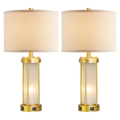 RORIA Modern Table Lamps for Living Room Set of 2 with 2 USB Ports - color: Gold