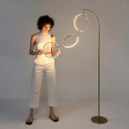 Brightech 3 Ring Lamp - 74" Dimmable LED Floor Lamp with 3 Hanging Light Rings, Modern Arc Standing Tree Lamp for Living Room, Bedroom and Office, 30W Warm White LED, Gold Brass - color: Brass