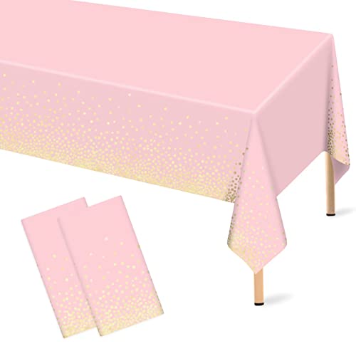 Mulbozy 2 Pcs Pink Tablecloth 54"×108" Gold Dot Pink Table Cloth, Pink Disposable Plastic Tablecover for Birthday, Baby Shower, Picnic, Camping, Event & Parties… - color: Gold Dot-pink, size: 54" X 108" Rectangle