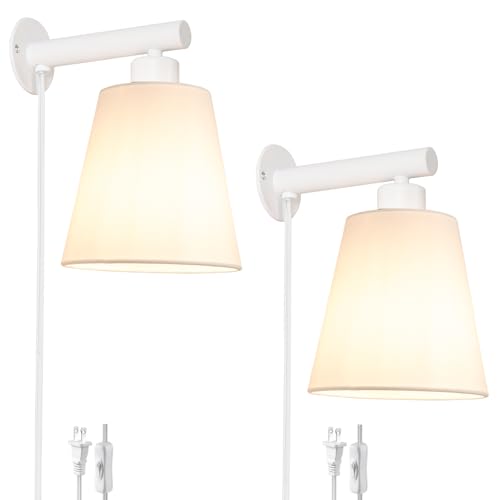 White Plug in Wall Sconces Set of Two, White Wall Sconce with Cord, Bedside Wall Lamps Plug in Set of 2 with Fabric Linen Shade, Wall Decor Bedroom Sconces for Living Room Hallway Porch - color: White, size: 6.3in-A