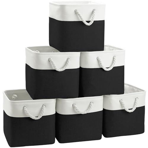 FinishingBo 11 inch Cube Storage Bin with Handles 6 Pack - color: White/ Black-6 Pack