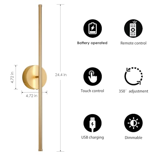 KARTOOSH Battery Operated Wall Sconces Set of Two Wireless Wall Lights - color: Gold, size: 24.4 Inches