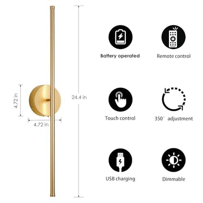 KARTOOSH Battery Operated Wall Sconces Set of Two Wireless Wall Lights - color: Gold, size: 24.4 Inches