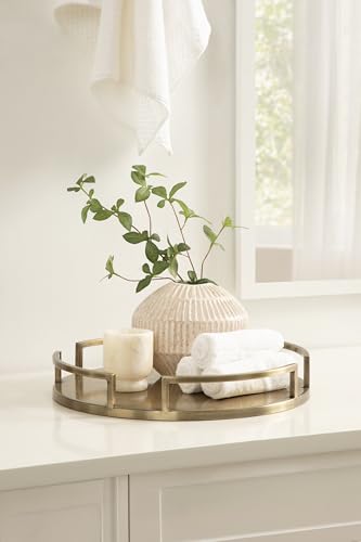 Kate and Laurel Gohana Round Tray with Metal Handles; 16 Inch Diameter; Antique Brass; Modern Glam Serving Tray with Handles for Use as Ottoman Topper or Living Room Decor
