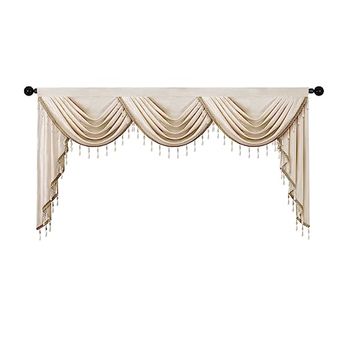 ELKCA Luxury Cream Velvet Curtain Valances for Living Room with Beads(98inch,1 Panel) - color: Cream, size: 98"W x 43"L (Pack of 1)