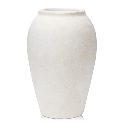 Handcrafted Terracotta Flower Vase, 9.6" Tall, Vintage White Ceramic, Rustic Antique Decor, Wide Mouth, Matte Finish for Home Office Resto Cafe - color: White 9.6"