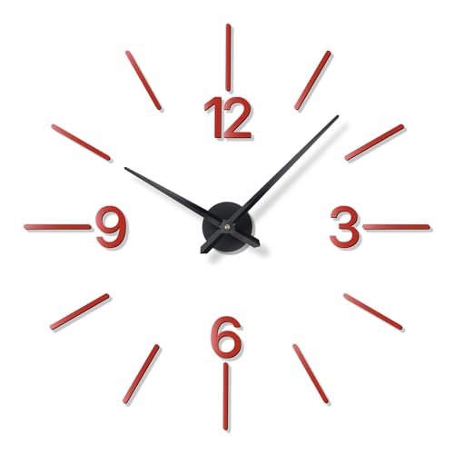 DIY Wall Clock, 3D Mirror Effect, Adjustable up to 65 in, Red - color: Red