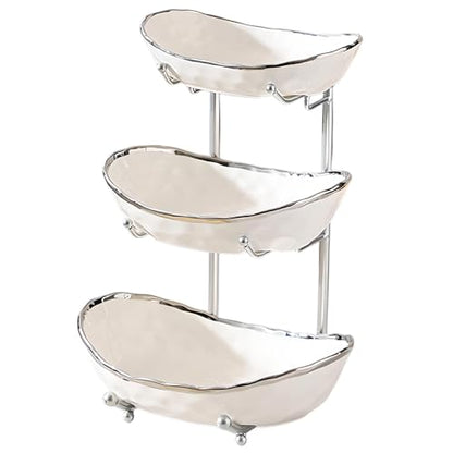 XUDREZ 3 Tier Fruit Bowl with Metal Stand for Kitchen Counter, Ceramic White Gold Silver, Tiered Fruit Basket for Nuts, Snacks, Bread, Candy Storage (White B) - color: White B