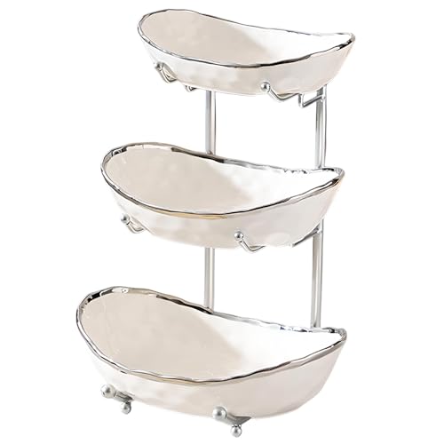 XUDREZ 3 Tier Fruit Bowl with Metal Stand for Kitchen Counter, Ceramic White Gold Silver, Tiered Fruit Basket for Nuts, Snacks, Bread, Candy Storage (White B) - color: White B