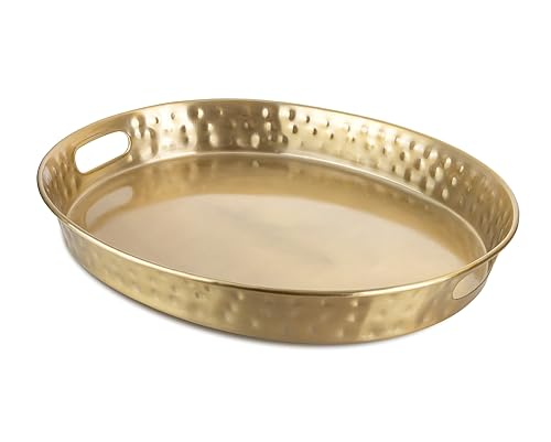 Monarch Abode Serving Tray with Handles – 17-Inch Hand Hammered Metal Platter for Living Room, Brushed Gold Finish Large Ottoman Tray Accent for Coffee Table, Tea & Food Serving Dish for Party - color: Brushed Gold, size: 17" x 13" x 2"