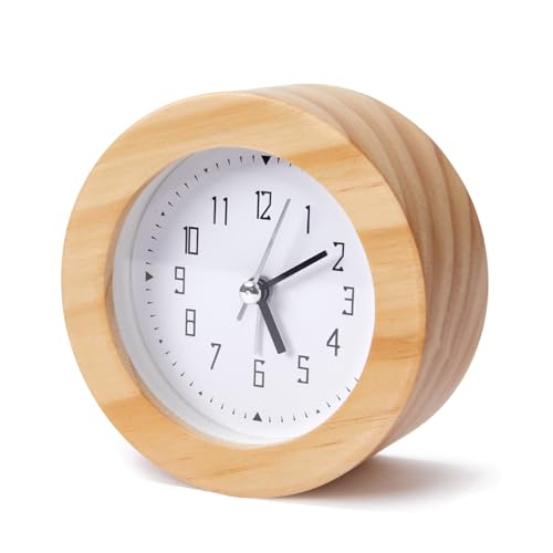 Wooden Analog Alarm Clock Silent Non-Ticking Desk Clock Battery Operated Table Clock with Nightlight for Bedroom,Children's Room, Living Room,Natural(4Inch) - color: Natural Wood