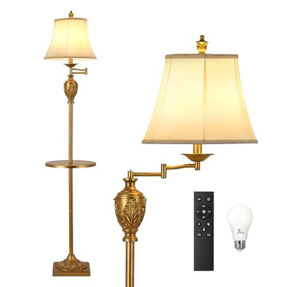 Traditional Floor Lamp with Tray, Remote Dimmable, 350° Swing Arm and Gold - color: Gold-1