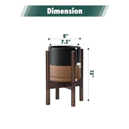 D'vine Dev Ceramic Pot with Walnut Wood Stand, Black/Tan, 8 in, 55-B-Y-7 - color: Black/Speckled Tan Pot + Walnut Color Stand, size: 8 Inch