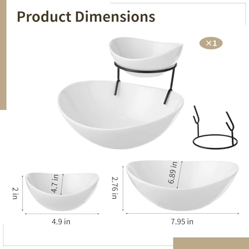 2 Tier Chip and Dip Serving Set, Chip and Dip Bowl with Metal Stand, Large Chip Bowl 45 oz, Small Dip Bowl 7 oz, Ceramic Appetizer Food Display Stand for Parties, Weddings