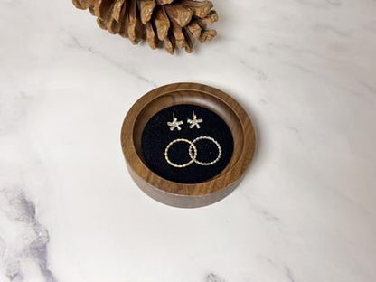 Wooden Jewelry Tray Small Trinket Dish with Velvet Surface Rings Earrings Dish Necklaces Display Tray for Dresser Drawer Tabletop(Round) - size: Round-Black