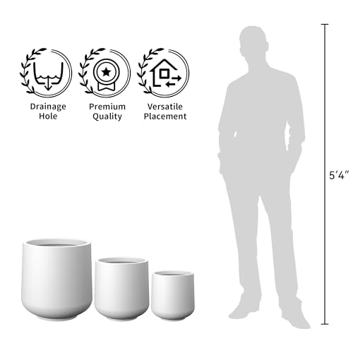 Kante Round Concrete Planter Set of 3-9.4"/13"/16.5" Dia Barrel-Style Garden Pots with Drainage Hole for Flowers and Trees (7.1"/10.2"/13.8" Opening), White - color: White, size: 16.5"+13"+9.4" D