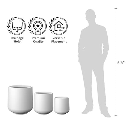 Kante Round Concrete Planter Set of 3-9.4"/13"/16.5" Dia Barrel-Style Garden Pots with Drainage Hole for Flowers and Trees (7.1"/10.2"/13.8" Opening), White - color: White, size: 16.5"+13"+9.4" D