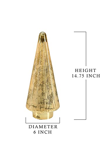 Serene Spaces Living Gold Glass Christmas Tree, Decorative Xmas Tree Sculpture, Holiday Decoration Figurine, Tabletop, Mantel Decor, Small, 6" Diameter & 14.75" Tall - size: Small