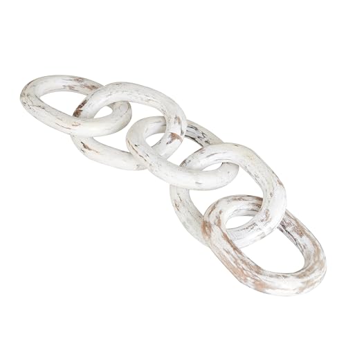 Housewarming Gifts Wood Chain Link Decor Hand Carved 5-Link Wood Knot Decorative Chain, Rustic Decorative Object Large Wooden Chain for Home Living Room Coffee Table Farmhouse 16 x 4 x 2 (White)