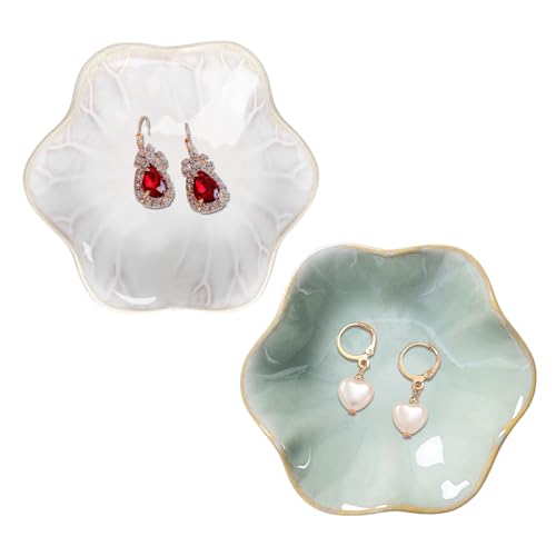 Binoster 2 Pcs Ceramic Jewelry Dish, Jewelry Tray Key Tray,Small Ring Dish Holder Jewelry Plate Trinket Dish Catchall Tray Nightstand Decor For Table Room Decor SM (4.3 In, White,Green) - color: White + Green, size: 4.3 inches