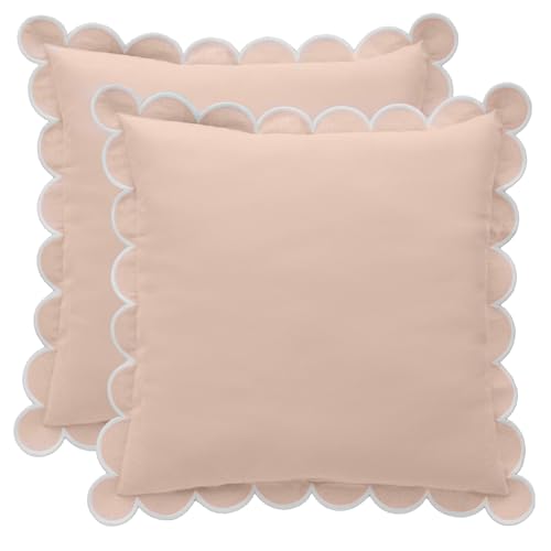 BEBE BASK Scalloped Pillow Cover Set of 2, 18x18, 100% Cotton - Peach Pink - color: Peach Pink/White