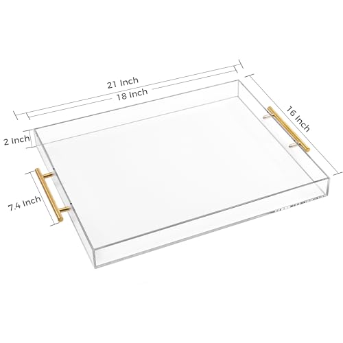 Large Clear Acrylic Serving Tray (16×18 Inches) with Gold Handles Spill Proof Acrylic Decorative Tray Organiser for Ottoman Coffee Table Countertop - size: 16x18 Inches