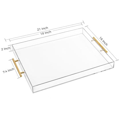 Large Clear Acrylic Serving Tray (16×18 Inches) with Gold Handles Spill Proof Acrylic Decorative Tray Organiser for Ottoman Coffee Table Countertop - size: 16x18 Inches