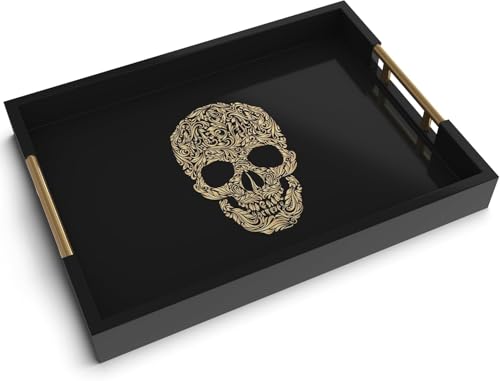Gothic Skull Serving Tray, Black Gloss, Gold Handles by Death Decor - style: SKULL