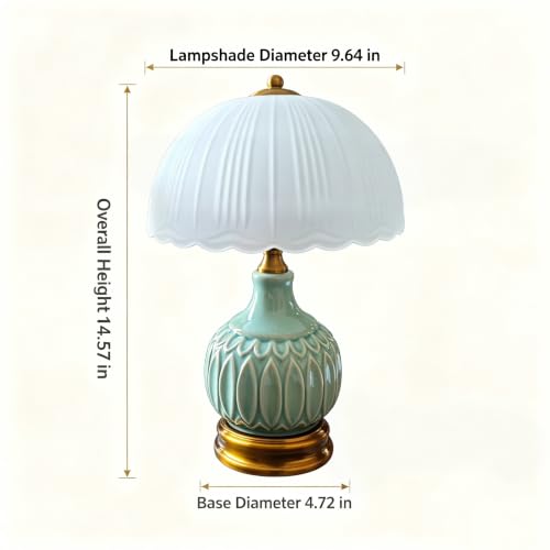 Vintage Ceramic Table Lamp, Green Nightstand Lamp with Pleated Glass Shade, Decorative Desk Lamp for Bedroom Living Room Dining Room