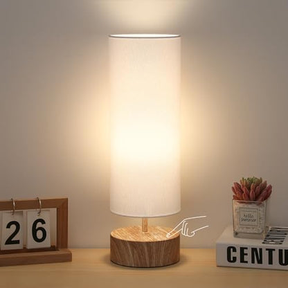 Touch Table Lamp with Wood Grain Metal Base, 3 Way Dimmable Bedside Lamp - color: White Shade with Wood Grain Base
