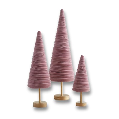 Blush Velvet Trees Set of 3 Pedestal, Valentine Tabletop, Winter Mantel Accent, Coquette Room Decor, Aesthetic, Cozy Gift for, Baby Girl (Blush) - color: Blush