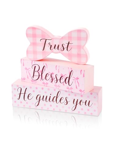 Pink Bow Wooden Tabletop Decor, Trust Blessed He Guides You Block Sign, Farmhouse Rustic Centerpiece for Table Shelf, Easter Christian Faith Home Decoration, Inspirational Gift for Women - size: Pink Bow