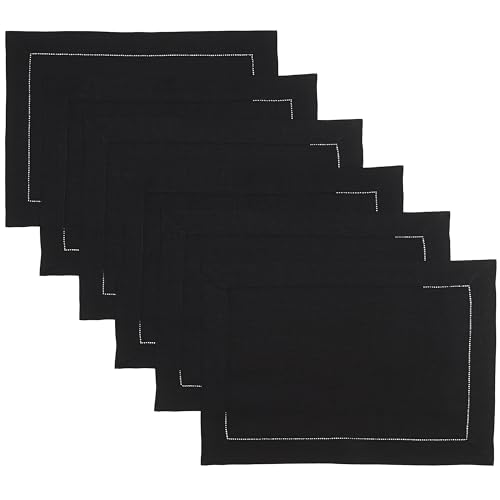Signature Linen™ by D'Moksha, Black Placemats Set of 6, 14 x 19 Inch, 100% Pure Linen Table Mats, Hemstitch, Machine Washable Cloth Placemats- Fall, Weddings, Outdoor Hosting - color: Black, size: Set of 6 (14 X 19 Inch)